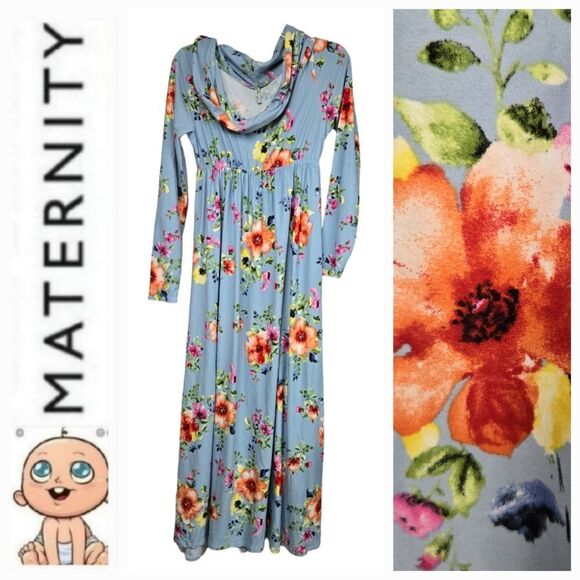 Maternity Maxi Dress Blue Floral Off Shoulder Strapless Empire Waist Long Sleeve - Picture 1 of 11